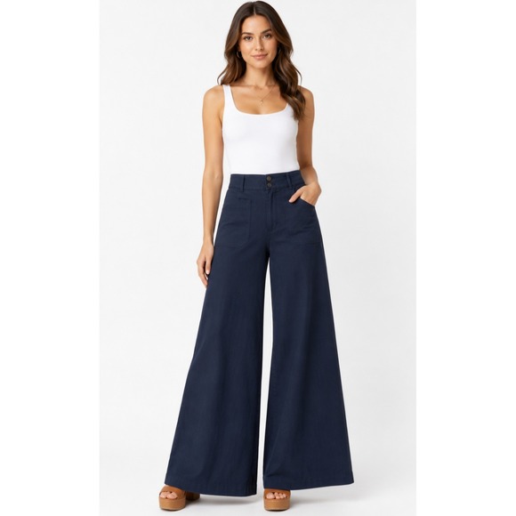 Maeve Pants - MAEVE by ANTHROPOLOGIE The Naomi Navy Wide Leg Flare Pants Size 8